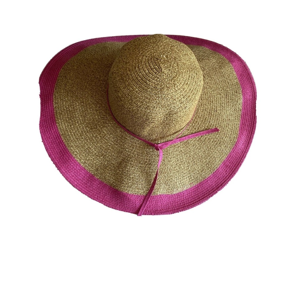 Papillon Natural Woven Paper Floppy Wide Brim Sun Hat Pink Trim One Size‎
